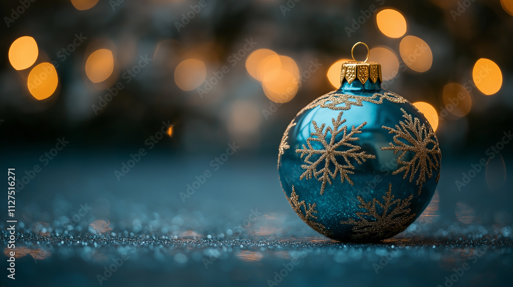 Obraz premium A blue Christmas ornament with gold snowflake patterns, placed on a textured surface with a blurred background of warm bokeh lights