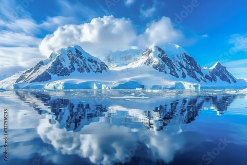 Wallpaper Mural Blue Ice covered mountains in south polar ocean. Winter Antarctic landscape. The mount's reflection in the crystal clear water. The cloudy sky over the massive rock glacier. Travel wild nature Torontodigital.ca