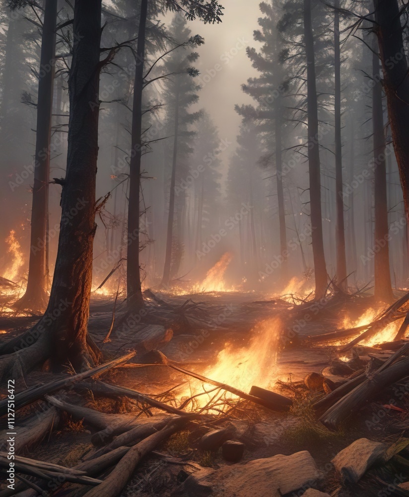 Obraz premium Destructive wildfire flames spreading rapidly through forest floor, destruction, flames