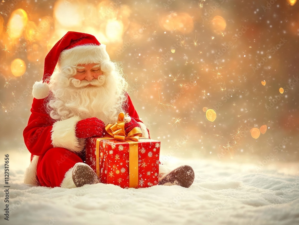 In a shimmering snowscape, Santa Claus holds a gleaming gift, surrounded by twinkling holiday lights. In a shimmering snowscape, Santa Claus holds a gleaming gift, surrounded by twinkling holiday lights.