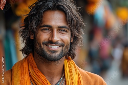 A portrait of a person with long hair and an orange scarf, suitable for use in editorial or lifestyle contexts