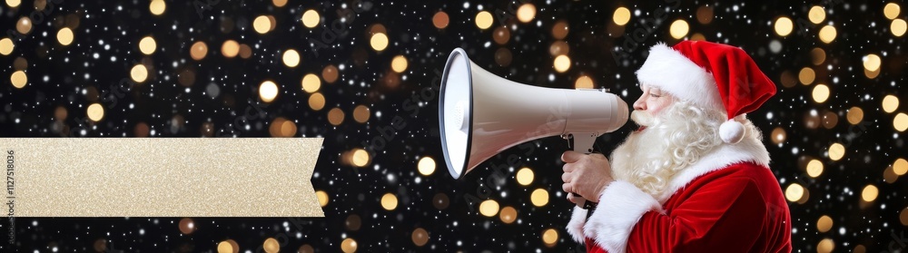 In a festive gathering, Santa Claus uses a megaphone, bathed in the glow of warm lights. In a festive gathering, Santa Claus uses a megaphone, bathed in the glow of warm lights.