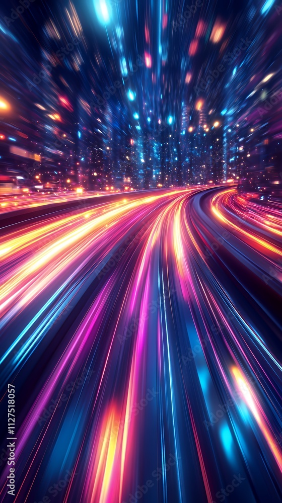 Obraz premium Vibrant Light Trails Convey Speed on a Winding Road Surrounded by City Lights at Night