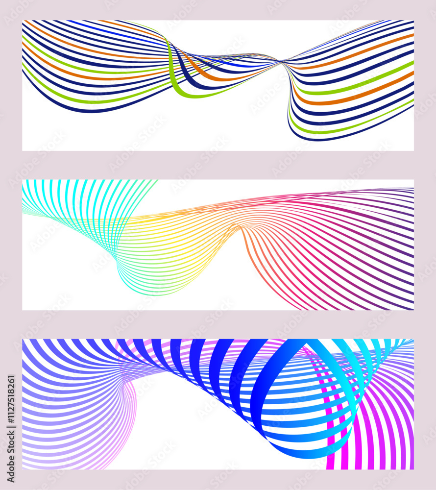 Wavy lines or ribbons. Set of 3 backgrounds. Multicolored striped gradient. Creative unusual background with abstract gradient wave lines to create a trendy banner, poster. vector eps Wavy lines or ribbons. Set of 3 backgrounds. Multicolored striped gradient. Creative unusual background with abstract gradient wave lines to create a trendy banner, poster. vector eps