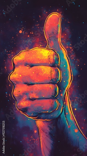 Colorful Hand Making a Thumbs up Gesture Against a Vibrant Cosmic Background in a Creative Artistic Style