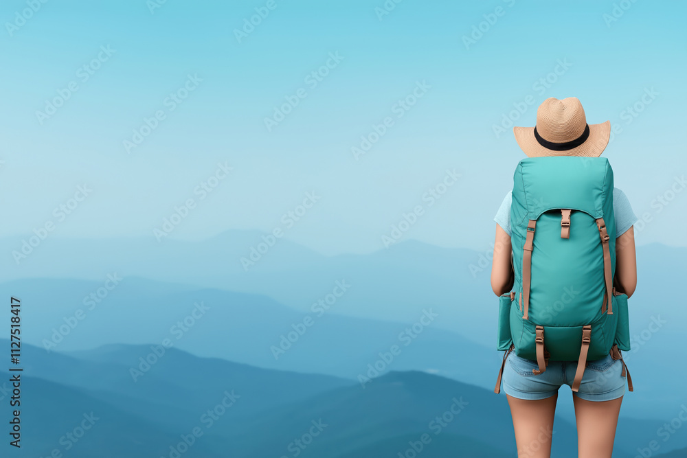 Naklejka premium Exploring the mountains with a backpack on a sunny day