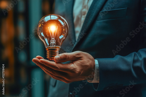 Businessman holding a sketch lightbulb