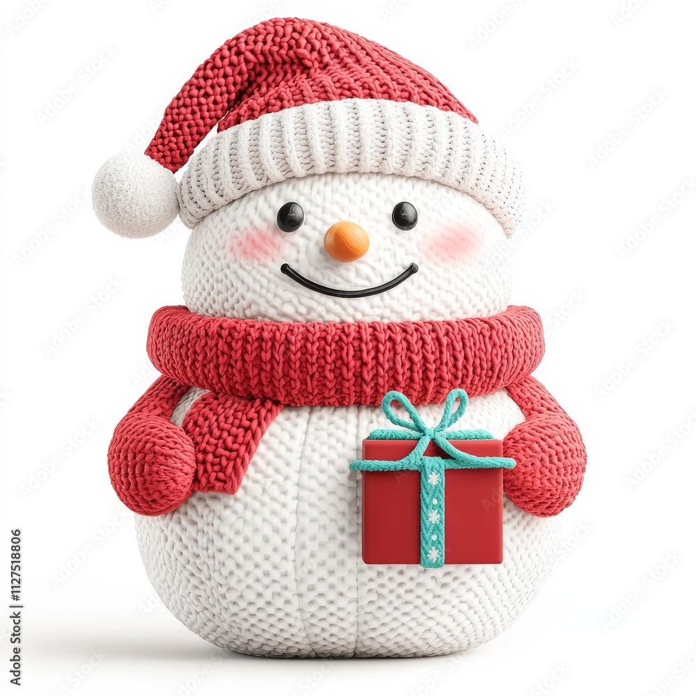 A happy snowman with a present, set on a clean white background A happy snowman with a present, set on a clean white background