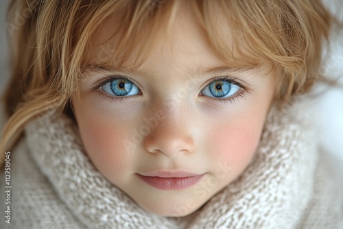 Young child with bright blue eyes looking directly at the camera