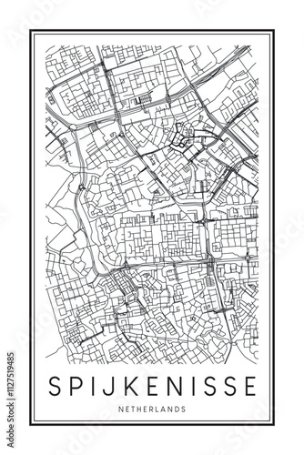 Printable downtown road map poster of the Dutch city of SPIJKENISSE on solid white background with city name