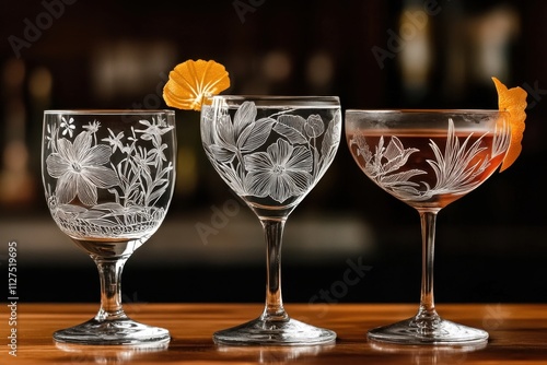 Engraved classic cocktail glass illustrations with intricate designs.
