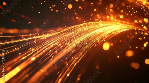 Bright, glowing strands of fiber optics radiating in a technological pattern.