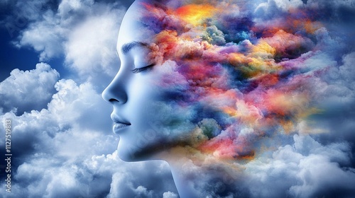 Dreamy woman with colorful clouds reflecting creativity and imagination in a surreal atmosphere