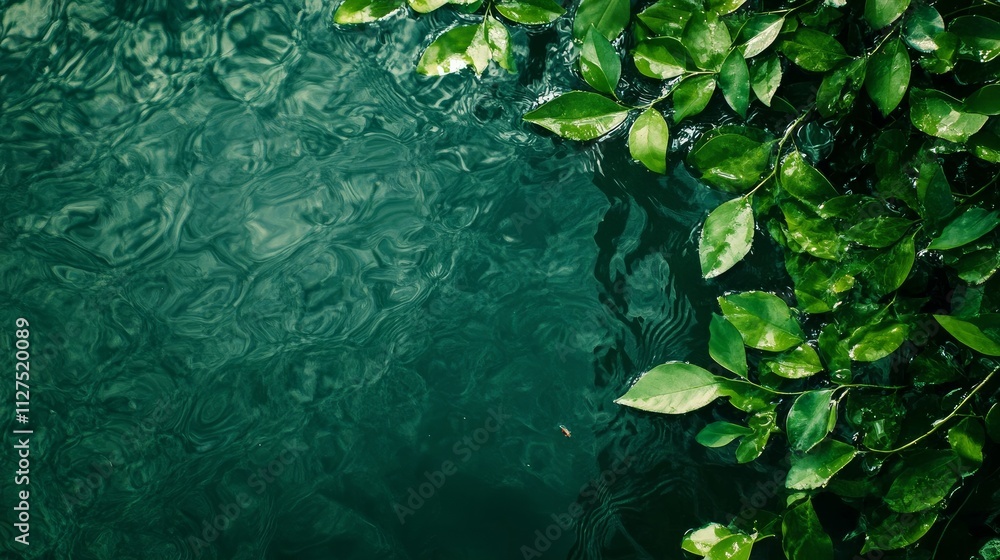 Delicate green leaves floating atop rippling water.
Delicate green leaves floating atop rippling water.