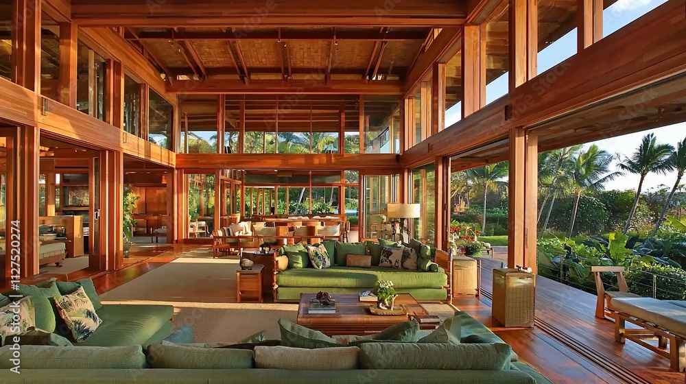 Luxurious open-plan living space with wooden beams, large windows, and green sofas overlooking a tropical garden. Luxurious open-plan living space with wooden beams, large windows, and green sofas overlooking a tropical garden.