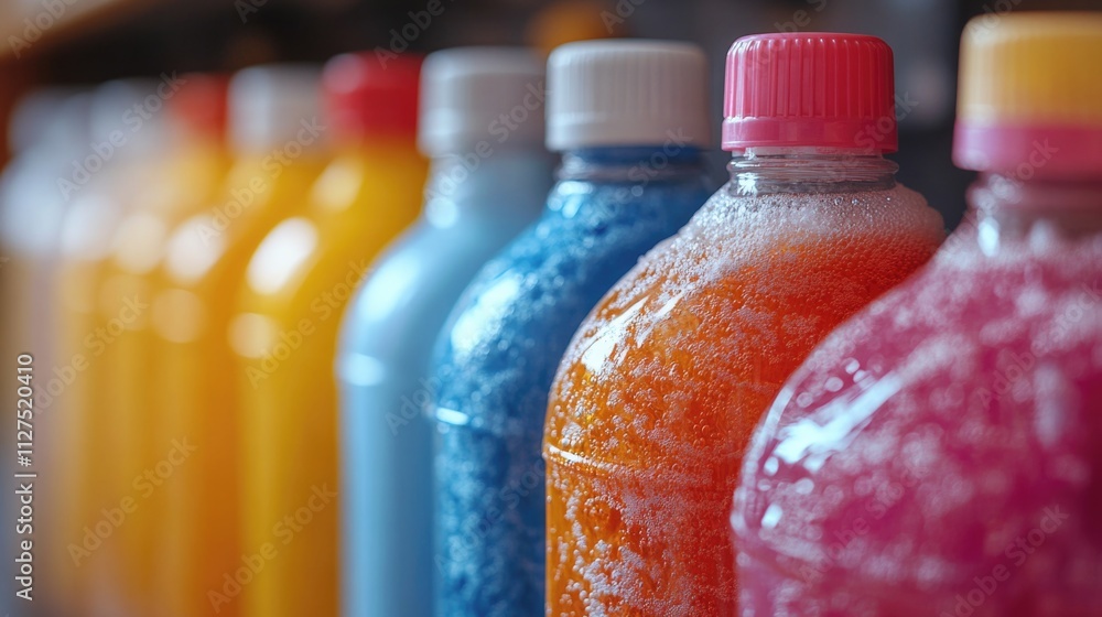 Row of bottles with differently colored liquids inside Row of bottles with differently colored liquids inside