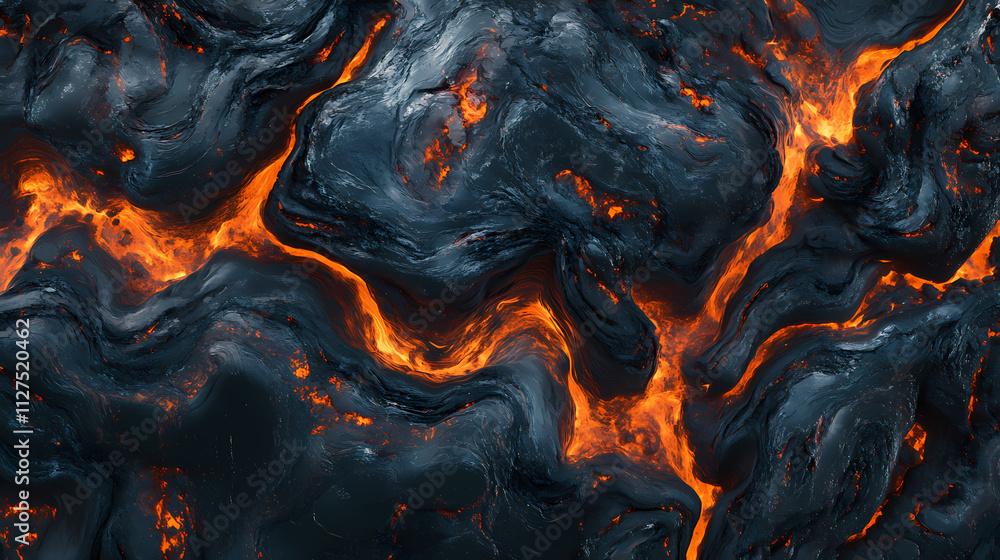 Fiery stream of lava flowing through dark, ashen landscape. Ashen. Illustration Fiery stream of lava flowing through dark, ashen landscape. Ashen. Illustration