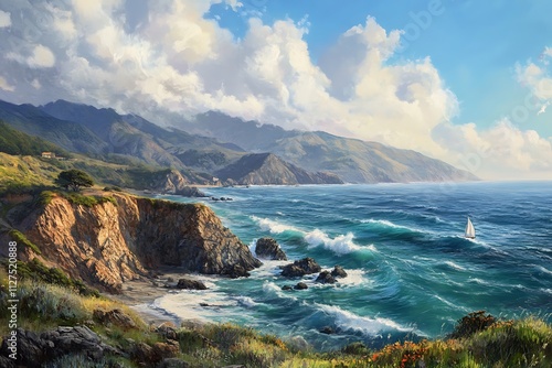 A scenic coastal view with waves, cliffs, and mountains under a blue sky.