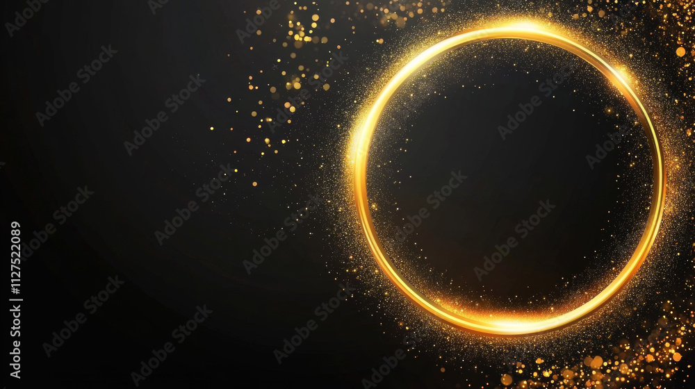 Golden glowing circle frame with glitter sparkle on black background. Realistic vector illustration of neon light round element with gold shiny sparks and reflection. Bright flare glossy ring. Golden glowing circle frame with glitter sparkle on black background. Realistic vector illustration of neon light round element with gold shiny sparks and reflection. Bright flare glossy ring.