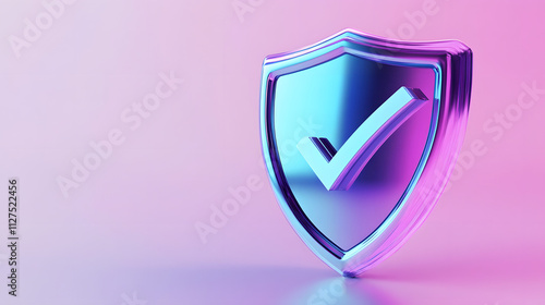 cartoon 3d Icon safety shield check mark perspective . Blue and purple symbol security safety icon. Checkmark in minimalistic style. 3d vector illustration. white background