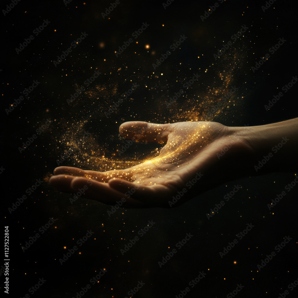 Fototapeta premium Hand from which a stream of power flows. Space around. Dark background.