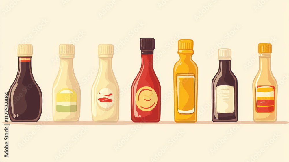 Set of different sauces in bottles and strokes top view. Mayonnaise, ketchup, mustard and soy sauce with cheese hot chili or bbq products in tubes isolated on white background, Cartoon vector icons Set of different sauces in bottles and strokes top view. Mayonnaise, ketchup, mustard and soy sauce with cheese hot chili or bbq products in tubes isolated on white background, Cartoon vector icons