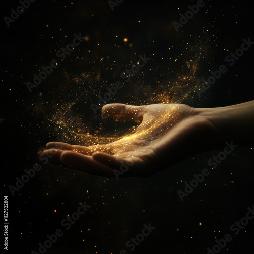 Hand from which a stream of power flows. Space around. Dark background.
