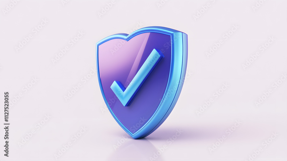 cartoon 3d Icon safety shield check mark perspective . Blue and purple symbol security safety icon. Checkmark in minimalistic style. 3d vector illustration. white background