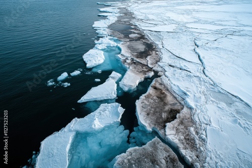 A captivating view of melting ice along a water's edge, showcasing the stark contrast between frozen and liquid environments in a majestic natural setting. photo