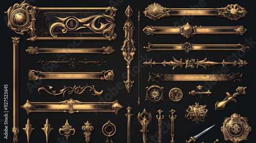 Golden game frames, medieval banners, buttons, ui menu elements, decorated gold borders with ornate rims. Empty royal gui bars for rpg or arcade, web design interface, Cartoon vector illustration