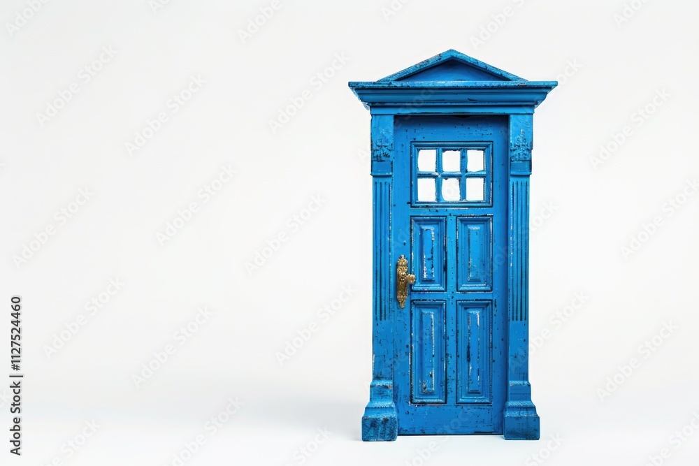A blue wooden door with a handle on a white background A blue wooden door with a handle on a white background