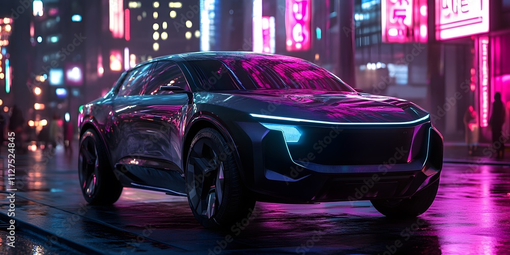 Fototapeta premium Futuristic suv with bold styling captured in a vibrant neon lit cityscape during nighttime, reflecting a modern urban aesthetic