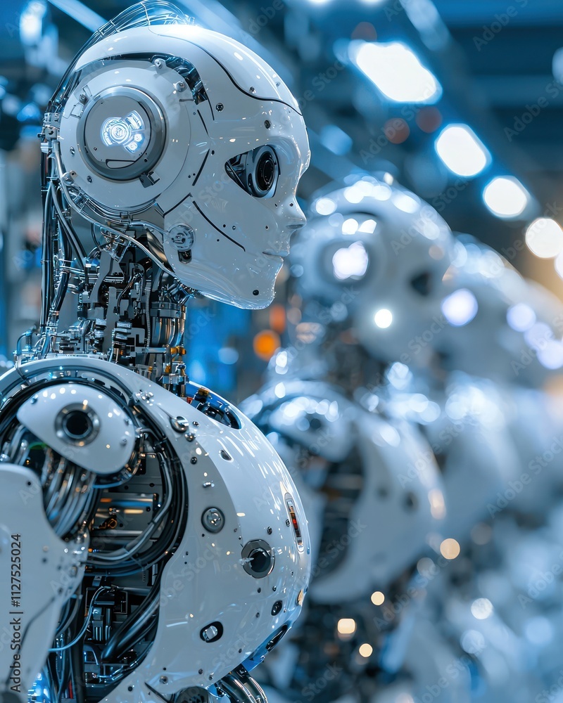 Fototapeta premium Futuristic AI Robotics in Manufacturing: Robots equipped with AI capabilities working seamlessly on a smart factory floor. 