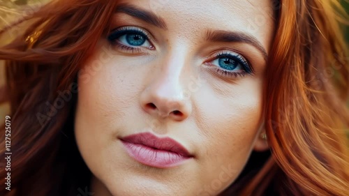 Wallpaper Mural A woman showcases her beautiful blue eyes and radiant red hair while surrounded by nature. The soft lighting enhances her features, creating a serene and captivating atmosphere. Torontodigital.ca