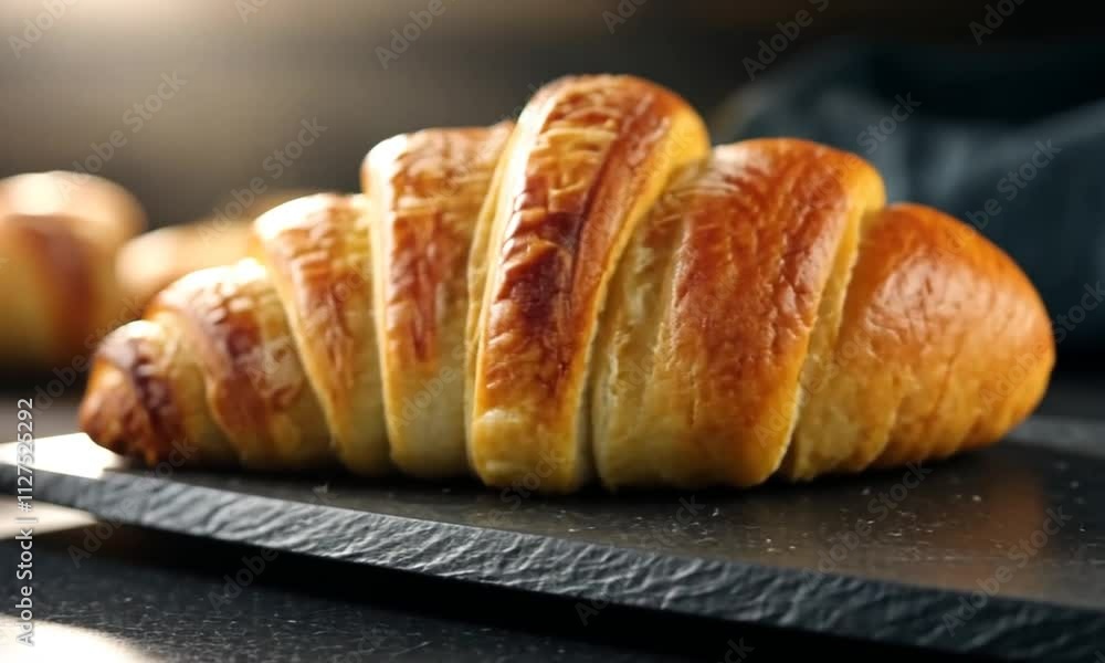 Golden-brown croissant on dark slate, close-up. Golden-brown croissant on dark slate, close-up.