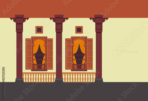 Jharokha - Window Elements with Wooden Coulmns - Stock Illustration