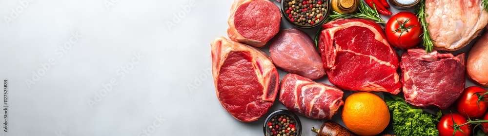 Various raw meats and herbs arranged on a white isolated backdrop, perfect for culinary purposes or food photography. Various raw meats and herbs arranged on a white isolated backdrop, perfect for culinary purposes or food photography.