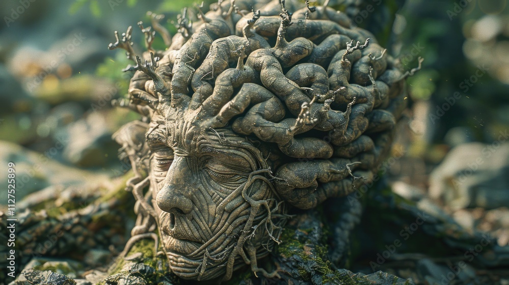 A unique sculpture featuring a male figure with a head composed of plants and foliage A unique sculpture featuring a male figure with a head composed of plants and foliage