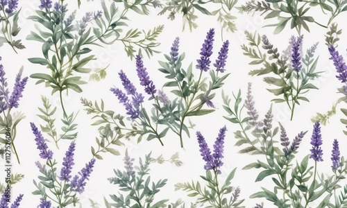 Enchanting watercolor pattern with lavender flowers and wild thyme leaves, artistic details, herbal accents, seamless background