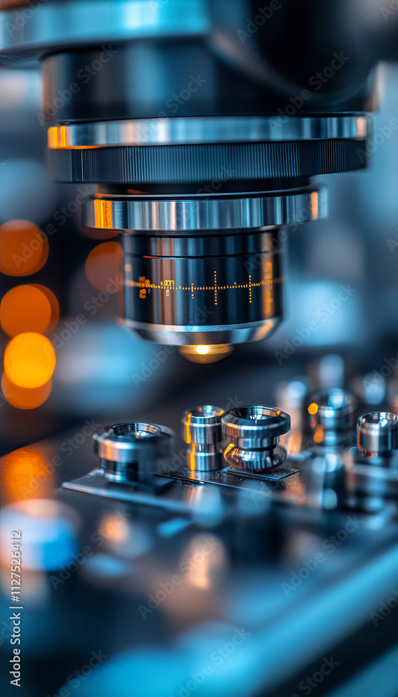 Detailed close up of microscope lens focusing on metallic components Detailed close up of microscope lens focusing on metallic components