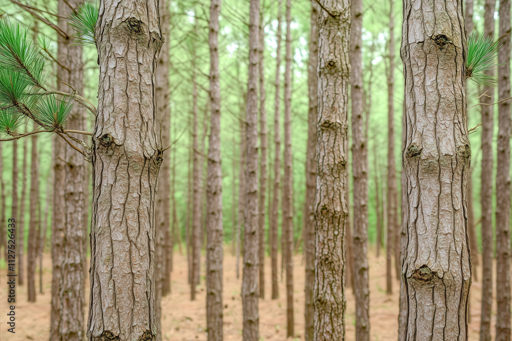 Obraz premium Close-up of pine forest tree trunks, background with straight, brown trunks, branches with green needles at the top and left half