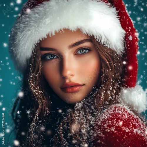 Young woman in Santa suit on blue with snowflakes