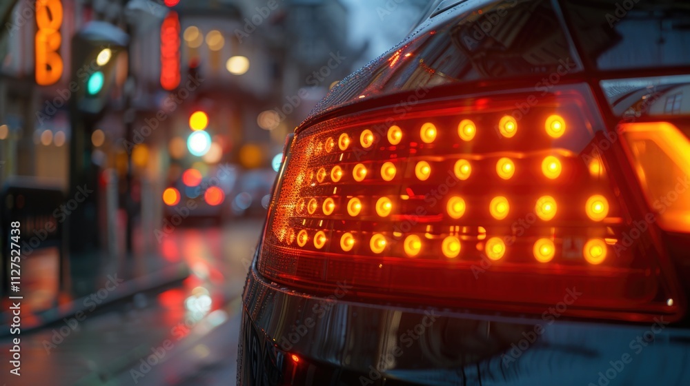 A close-up shot of a car's tail light on a city street A close-up shot of a car's tail light on a city street