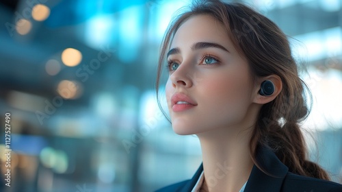 Close-up of a businesswoman wearing a futuristic earpiece, showcasing innovation in communication technology within a modern urban environment