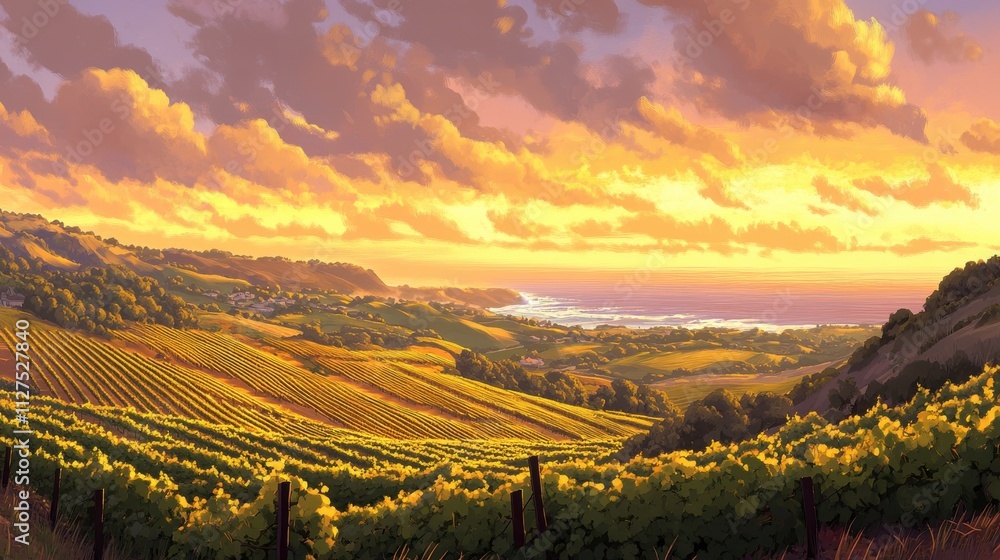 Naklejka premium Sunset over coastal vineyards, rolling hills, and ocean.