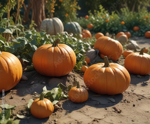 Family of pumpkins in a patch with some carved and uncarved pumpkins , pumpkins, family photo