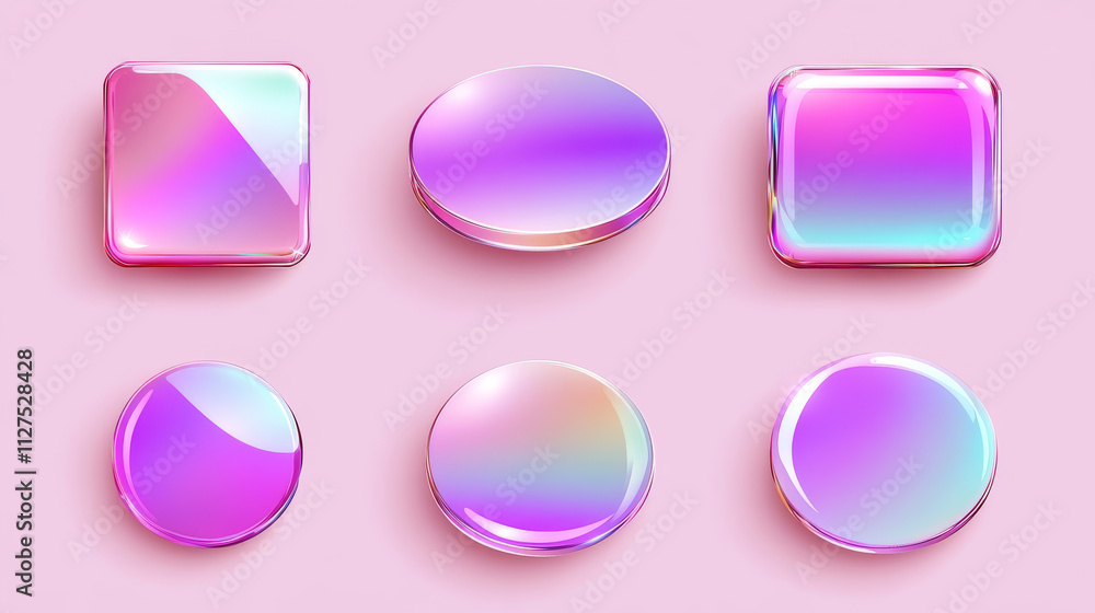 Pink hologram sticker with metal foil gradient. Iridescent circle with holographic color gradation for button. Cd disc circular rose oval swatch icon collection. Abstract shiny neon square badge set Pink hologram sticker with metal foil gradient. Iridescent circle with holographic color gradation for button. Cd disc circular rose oval swatch icon collection. Abstract shiny neon square badge set