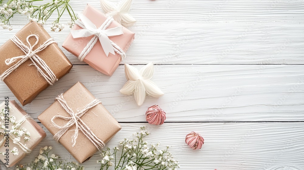 Pastel gift boxes with decorative ribbons on white wooden background Pastel gift boxes with decorative ribbons on white wooden background