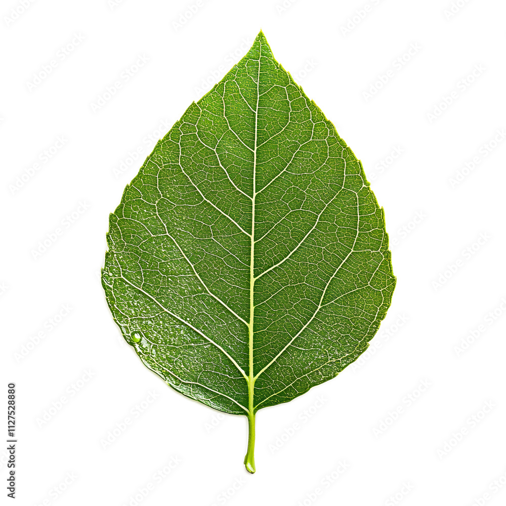 Green Leaf with Veins and Water Droplet on Isolated Background Green Leaf with Veins and Water Droplet on Isolated Background