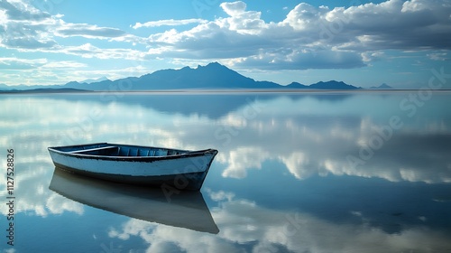 A small boat floating in the middle of a reflective salt lake blending with the horizon. photo